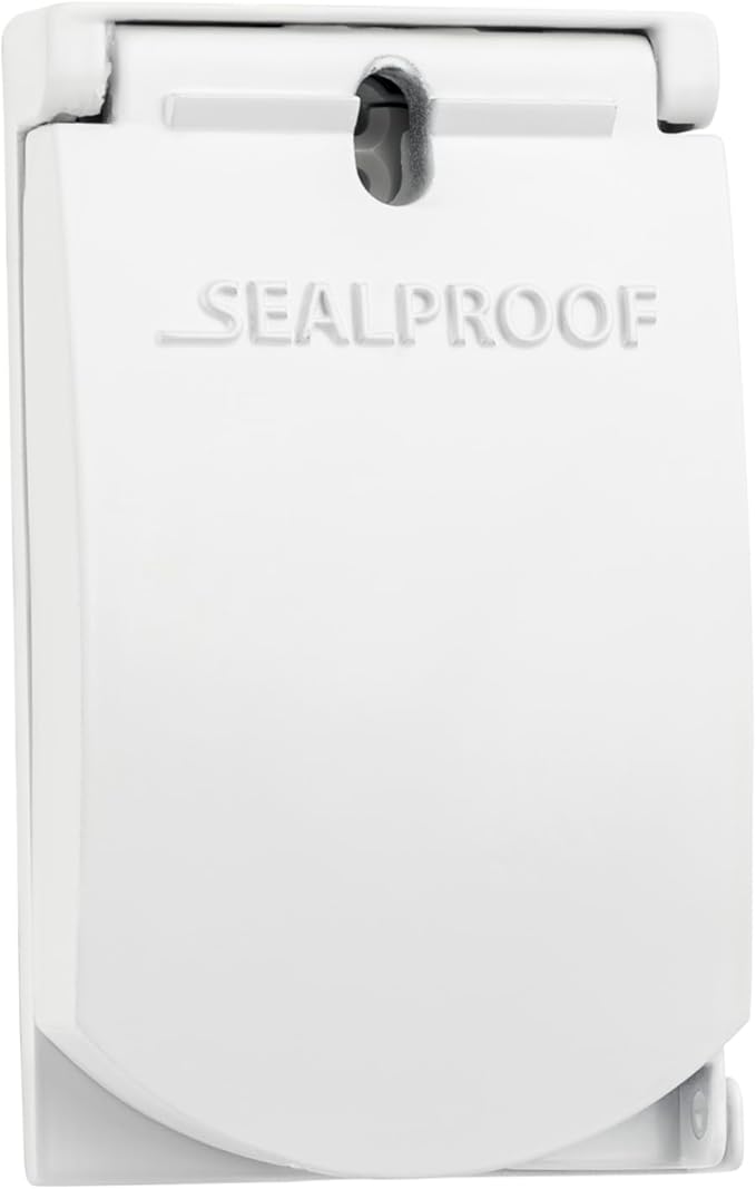 Sealproof 1-Gang Vertical Weatherproof Outdoor Metal Flat Outlet Cover, Single Gang Electrical Power Receptacle Protector, UL Listed, 4-in1, White