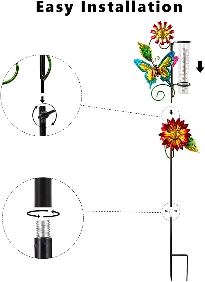 Rain Gauge Outdoor, Butterfly Rain Gauge with 7 Inch Tube, Metal Rain Measure Tool, Decorative Rain Measure Gauge for Outdoor, Garden Decor
