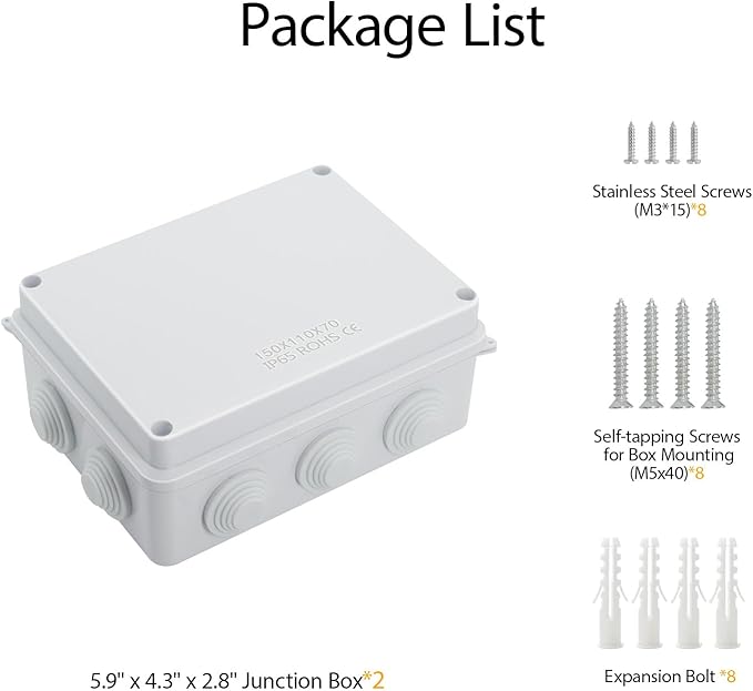 LeMotech ABS Plastic Dustproof Waterproof IP65 Junction Box Universal Electrical Project Enclosure White 5.9 x 4.3 x 2.8 inch (150 x 110 x 70 mm)(Pack of 2)