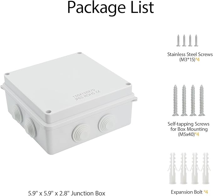 LeMotech ABS Plastic Dustproof Waterproof IP65 Junction Box Universal Electrical Project Enclosure White 5.9 x 5.9 x 2.8 inch (150 x 150 x 70 mm)