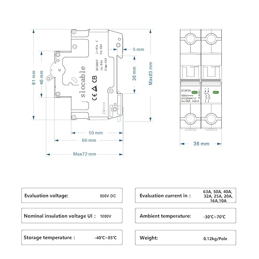 DC Miniature Circuit Breaker 2 Poles 500V 16A 25A 32A 63A Isolator for Solar PV System, Thermal Magnetic Trip, DIN Rail Mounting (25A)