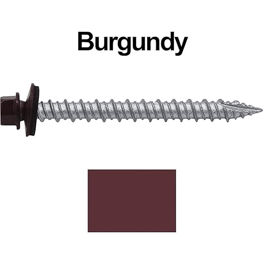 Metal ROOFING SCREWS: (250) 10 x 2" Burgundy Hex Head Sheet Metal Roof Screw. Self starting metal to wood siding screws. EPDM washer. Colored head