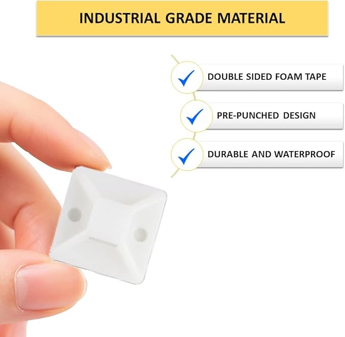 Kable Kontrol Zip Tie Mounts, 1-1/2” Sq, Natural White, 100 Pcs, Adhesive Backed Multi-Purpose Mounting Squares Nylon Cable Tie Wrap Anchor Pads for Cable Management