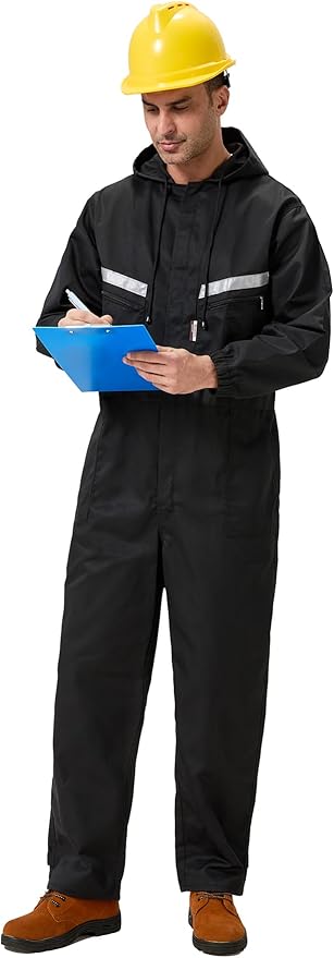 Mens Work Coveralls Mechanic Hooded Overall Workwear Jumpsuits Long Sleeve Hi Viz Coverall with Zippers