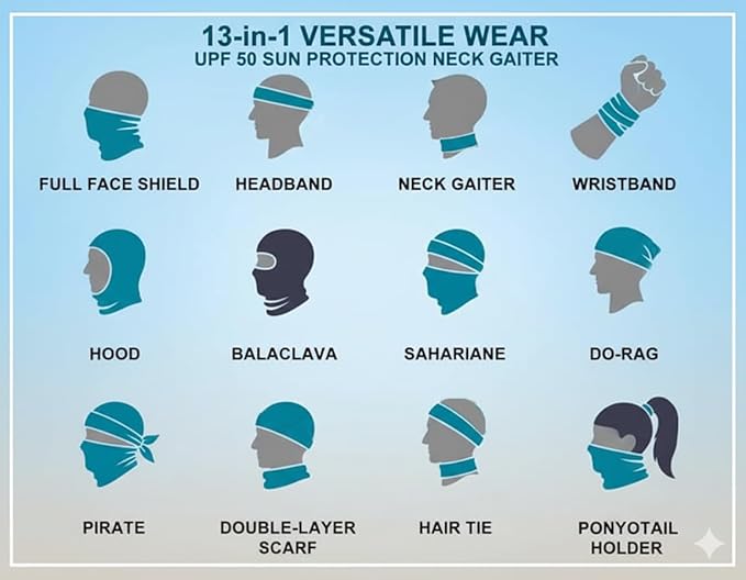 UPF 50 Sun Protection Neck Gaiter - 13-in-1 Multifunctional Face Cover for Hiking, Fishing, Cycling