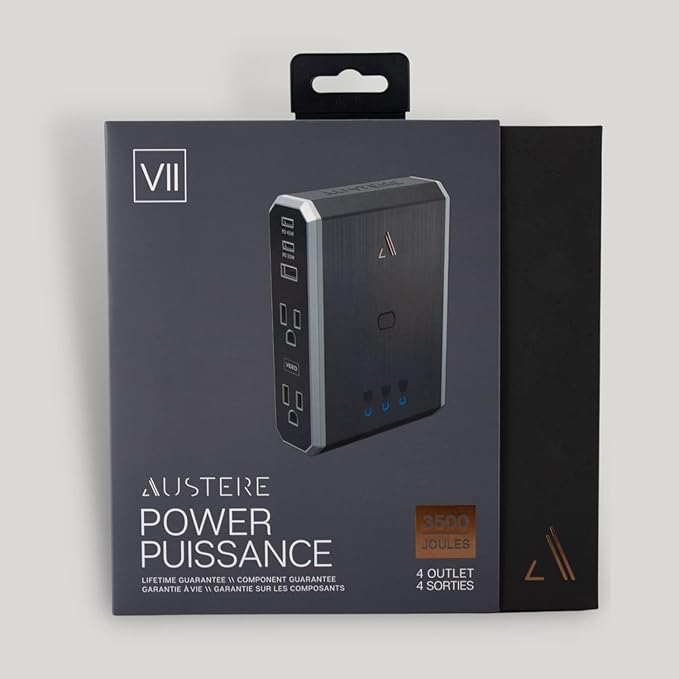 Austere VII Series, Wall Power 4 Outlet Surge Protector, 3500 Joules, Isolated EMI/RFI Filtering, 2 USB-C 45W & 20W Fast Chargers, 1 USB-A 2.4 amps, Overcurrent Protection, 6 Year Component Guarantee