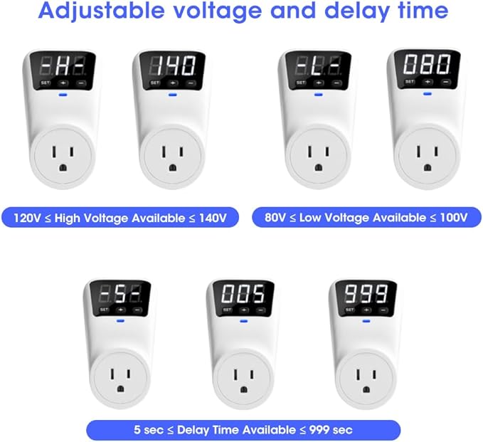 Surge Protector Voltage Stabilizers - Fireproof UL94V-1 Wall Mount Surge Protector Outlets for Refrigerator TV Appliances Real-Time Monitoring & Custom Voltage 80V-140V, 15A, 120V, 1800J,2 Pack