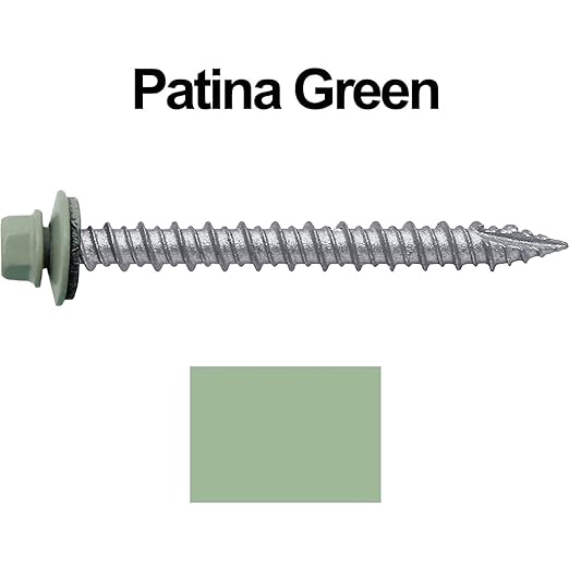 Metal ROOFING SCREWS: (250) 10 x 2" Patina Green Hex Head Sheet Metal Roof Screw. Self starting metal to wood siding screws. EPDM washer. Colored head