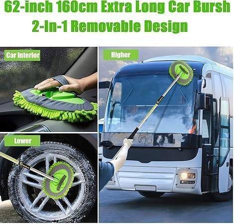62" Long Reach Car Wash Mop with Dual Soft Heads - Gentle Chenille & Absorbent Microfiber Mitt for Safe Cleaning on Vehicles, SUV, Truck & RV (2 Extra Replacement Heads)