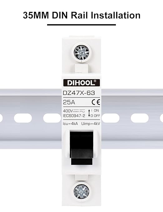 DIHOOL AC/DC Miniature Circuit Breakers, 2 Pack, Single Pole 25 Amp, 12V 24V 48V 400V, Non Polarized, Solar Disconnect Switch, DIN Rail Mount, RV Battery Isolator, PV Array MCB, Thermal Magnetic Trip