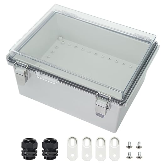 Zulkit Junction Box ABS Plastic Dustproof Waterproof IP67 Electrical Boxes Hinged Shell Outdoor Universal Project Enclosure Grey Clear Cover, Stainless Steel Buckles (13.8 x 9.8 x 5.9 Inch