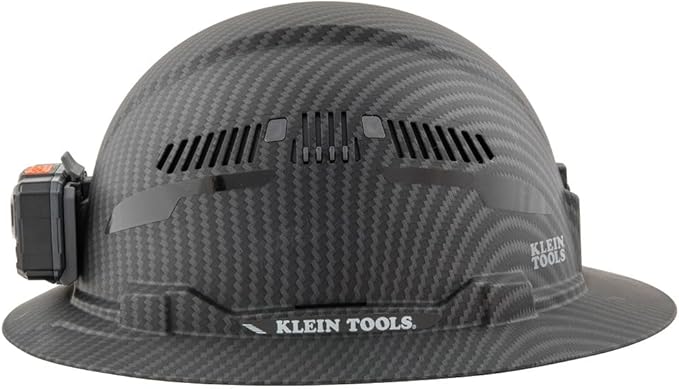 Klein Tools 60347 Hard Hat, Vented Full Brim, Class C, Premium KARBN Pattern, Rechargeable Lamp, Padded Sweat-Wicking Sweatband, Top Pad
