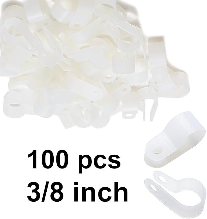 100 Pack 3/8 inch Rope Light Clips with Stainless Steel Screws, Cable Clip Wire Clamp for Wire Management, P-Type Mounting Clips