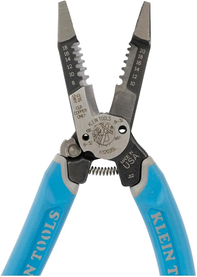 Klein Tools K12035L Klein-Kurve Wire Cutters, Made in USA, Heavy Duty Wire Stripping Tool with Lock, 8-20 AWG