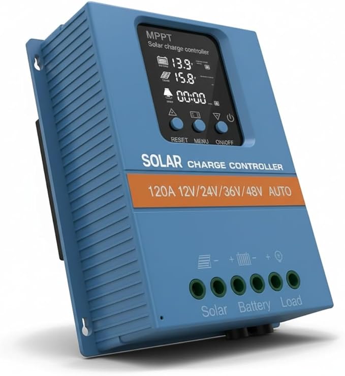 Solar Charge Controller 120A 12V 24V 36V 48V Intelligent Recognition LCD Display Battery Intelligent Regulator Maximum 100V Input Dual USB for Lead Acid/Lithium Battery (SA120A)