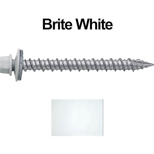 Metal ROOFING SCREWS: (250) 10 x 2" Brite White Hex Head Sheet Metal Roof Screw. Self starting metal to wood siding screws. EPDM washer. Colored head