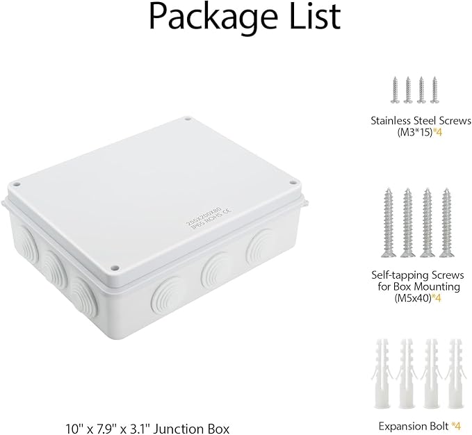 LeMotech Junction Box, ABS Plastic IP65 Waterproof and Dustproof, Universal Electrical Enclosure, Outdoor and Indoor Project Box 10 x 7.9 x 3.1 inch (255 x 200 x 80 mm)