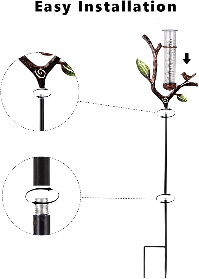 Rain Gauge Outdoor, Metal Rain Gauge with Stake, 7 Inch Tube Rain Measure Gauge, Decorative Branch Rain Measure Tool for Garden, Lawn, Patio