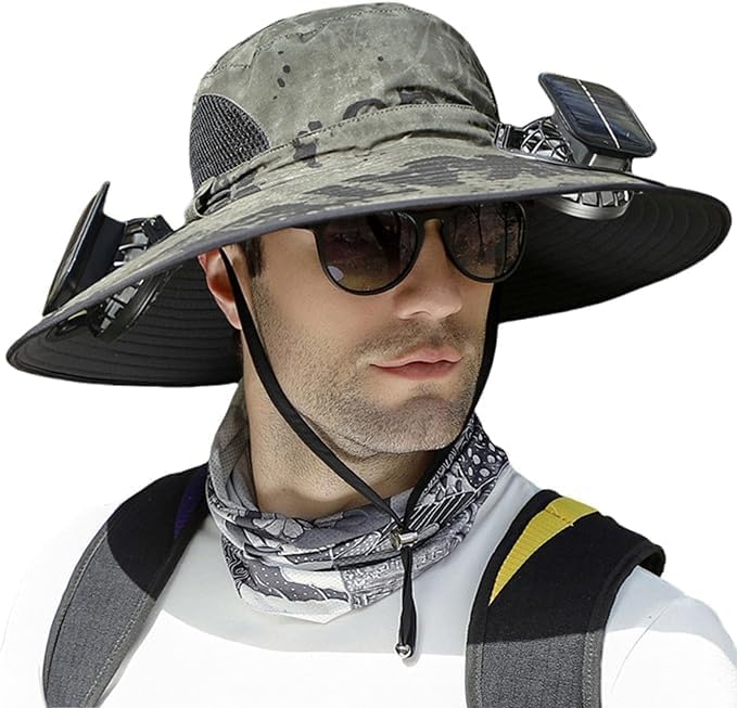 Outdoor Wide Brim Sun Hat with 2 Solar Fan Sun Bucket Hat for Men Women UPF 50+ Bucket Fishing & Beach Hat with Fan Built in