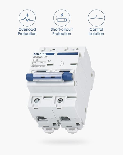 DC Miniature Circuit Breaker, 2 Pole 500V 80 Amp Isolator for Solar PV System, Thermal Magnetic Trip, DIN Rail Mount, High Current DC Disconnect Switch MCB 2P C80