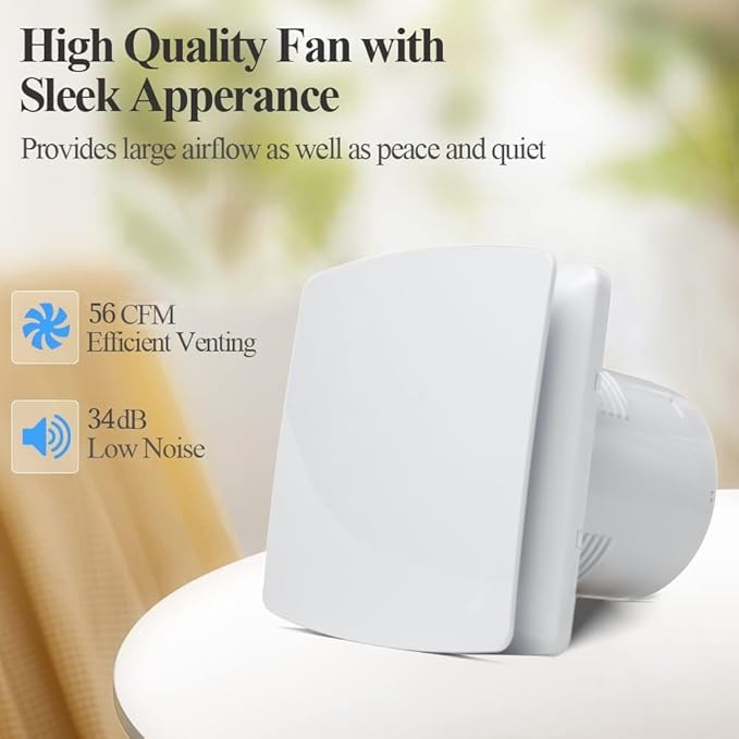 WiseWater Bathroom Exhaust Fan, 110V ac 56CFM 34 dB 4” Duct 6" Panel Extractor Fan, Ceiling&Wall Mounted Ventilation Fan for Bathroom, Laundry Room, Bedroom, Office