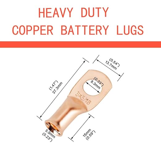 25pcs 6 AWG 5/16" Stud Copper Ring Terminals Battery Cable Ends Wire Lugs 6 Gauge Heavy Duty Cable Lugs Bare Copper Eyelets Tubular Ring Terminal Connectors