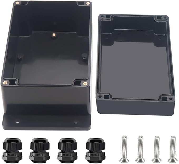 Project Box ABS Black Electrical Boxes IP67 Outdoor Waterproof Junction Box Electronic with Mounting Ears Includes Cable Glands for DIY Project 6.3 x 4.3 x 3.5 inch (160x110x90mm)
