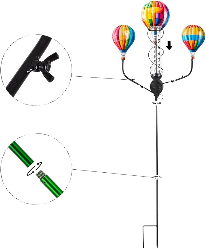 Solar Rain Gauge, Hot Air Balloon Rain Gauge Outdoor, Metal Rain Measure Gauge with 7 Inch Tube, Decorative Rainfall Measurement for Patio, Lawn, Garden