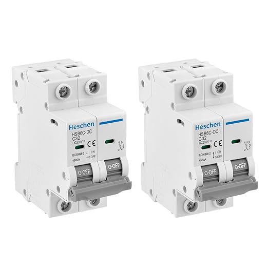Heschen 2PCS DC Miniature Circuit Breaker, HSB6C-DC, 2 Poles, DC500V 32A, Photovoltaic Circuit Breaker, for Solar PV System Solar Panels Grid System, 35mm DIN Rail Mounting (32A)