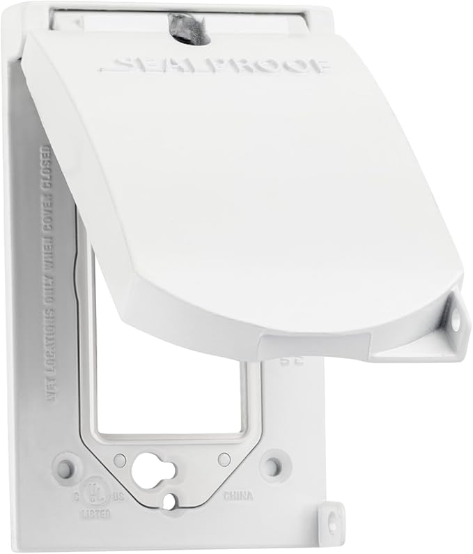 Sealproof 1-Gang Vertical Weatherproof Outdoor Metal Flat Outlet Cover, Single Gang Electrical Power Receptacle Protector, UL Listed, 4-in1, White