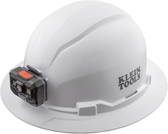 Klein Tools 60406RL Hard Hat, Rechargeable Headlamp, Non-Vented, Full Brim Style, Padded Self-Wicking Odor-Resistant Sweatband, Tested up to 20kV, White
