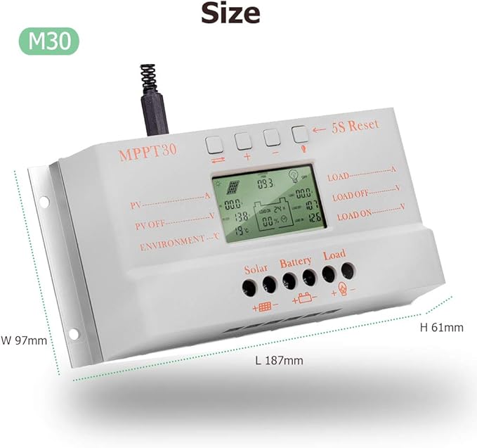 SolaMr 30A Solar Charge Controller MPPT 12V/24V Intelligent Solar Panel Charge Controllers with LED Screen Display USB Port 5V Output Solar Panel Battery Regulator