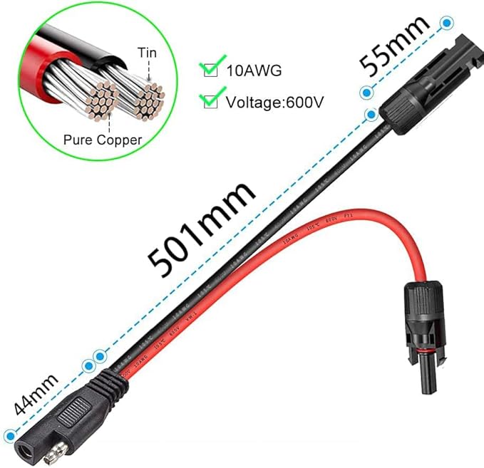 10AWG SAE Adapter Cable with Solar Connector, 60cm Extension for RV Solar Systems & Power Generators