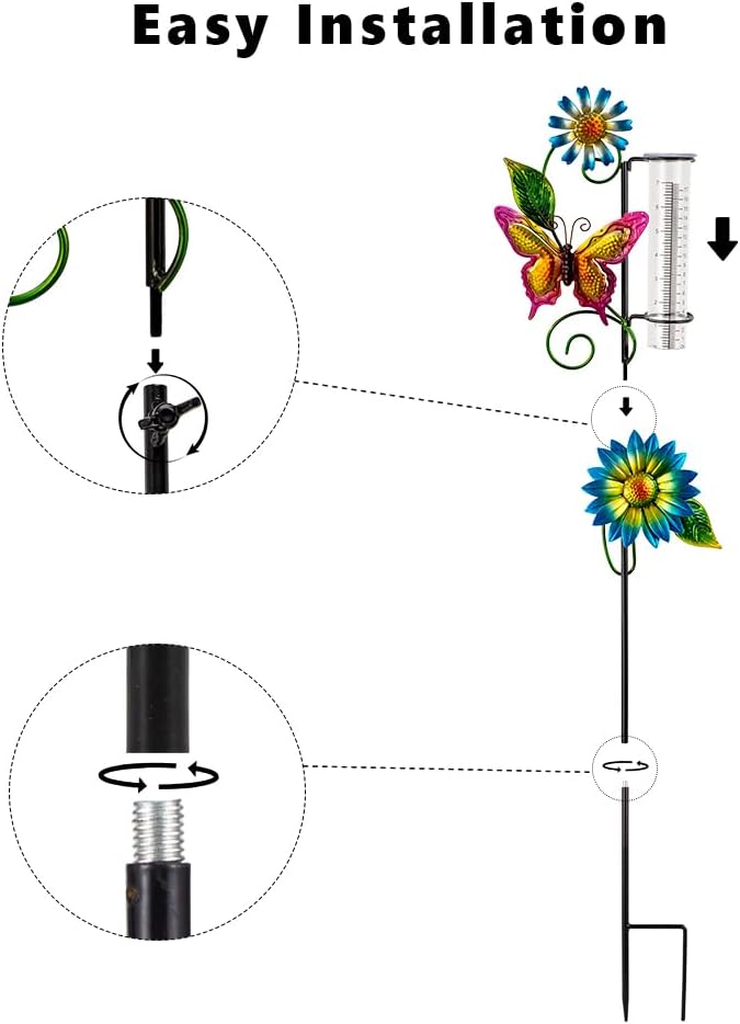 Rain Gauge Outdoor, Butterfly Rain Gauge with Metal Stake, 7 Inch Tube Rainfall Measurement, Decorative Rain Measure Tool for Patio, Lawn, Garden
