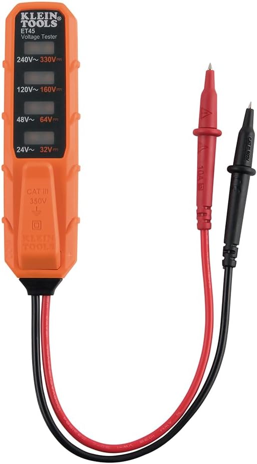 Klein Tools ET45 Digital AC/DC Voltage Tester, 12-240V AC, 32-330V DC, LED Illumination, DC Polarity, Auto Off, CATIII 350V-Class 2-Double Insulation, IP44 Dust & Water Resistant, No Batteries Needed