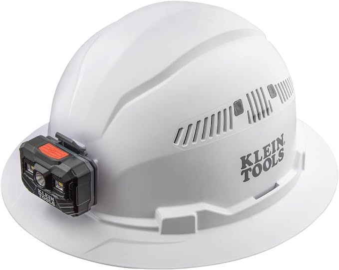 Klein Tools 60407RL Hard Hat, Rechargeable Headlamp, Vented, Full Brim Style, Padded Self-Wicking Odor-Resistant Sweatband, White