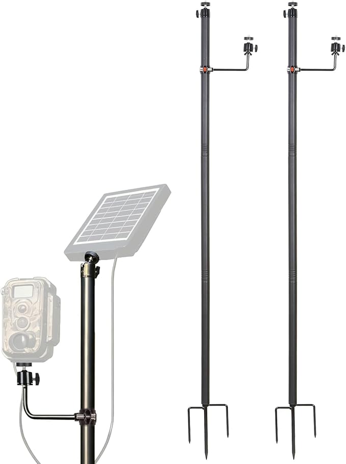 Heavy Duty Trail Camera Mount with Tripod Ground Stake | Includes Height-Adjustable Side Mount for Dual Camera or Solar Panel Setup | Max Height 57" | Universal 1/4"-20 Screw (56" Black x 2)