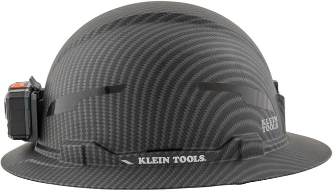 Klein Tools 60346 Hard Hat, Non-Vented Full Brim, Class E, Premium KARBN Pattern, Rechargeable Lamp, Padded Sweat-Wicking Sweatband, Top Pad