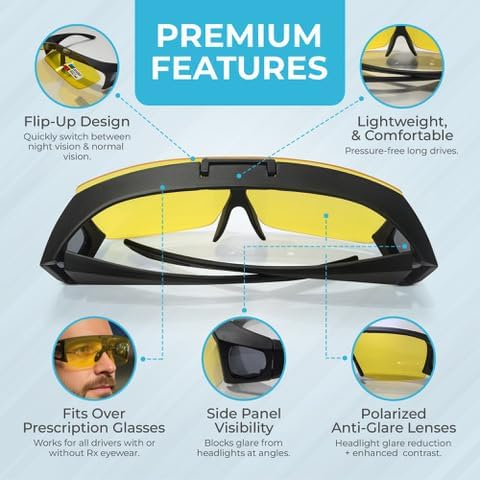 Polarized Anti Glare Glasses for Night Driving | Yellow Night Driving Glasses | Fit Over & Flip Up Design | Reduce Headlight Glare & Eye Strain