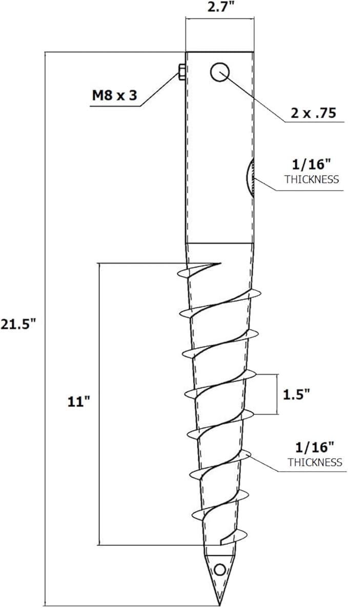 Ashman Round Posts (1 Pack), Outdoor No Dig Ground Anchor with Helical Spiral, 21" Long - Fits Flag Pole Base Ground Mount Screw