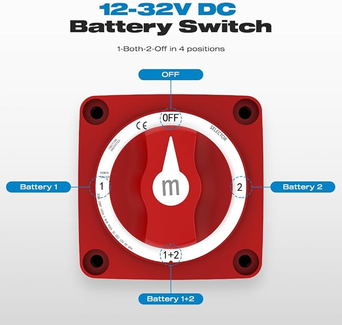 Battery Disconnect Switch, Malictele 300A 1-Both-2-Off Heavy Duty Cutoff Switch 12V-48V Waterproof Ignition Protected Power Kill Switch with Knob for Marine, Boat, Car, RV, Truck Battery - 4 Position