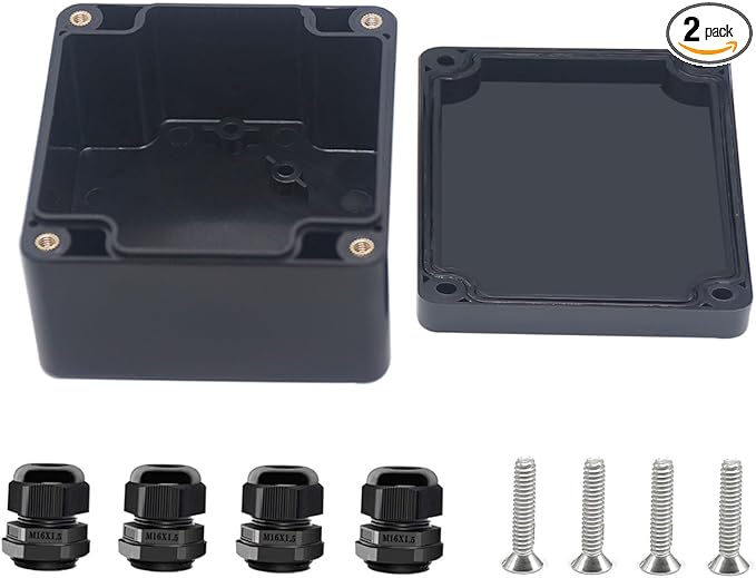 Project Box ABS Black Electrical Boxes IP67 Outdoor Waterproof Box Electronic Junction Box Power Enclosure with Cable Glands for DIY Project 3.3x3.2x2.2inch (83 x 81 x 56 mm)