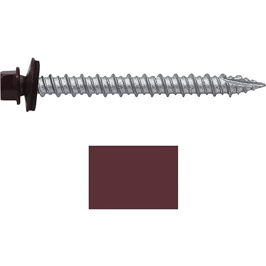 Metal ROOFING SCREWS: (250) 10 x 2" Burgundy Hex Head Sheet Metal Roof Screw. Self starting metal to wood siding screws. EPDM washer. Colored head