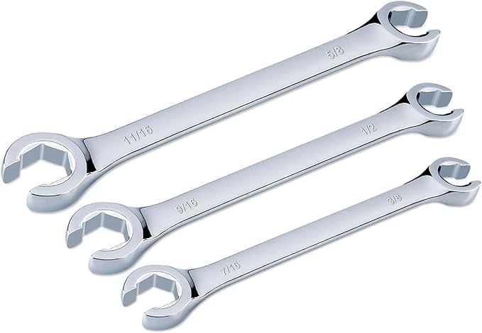 3-Piece Premium Double-End SAE Flare Nut Wrench Set, Size 3/8”, 7/16”, 1/2”, 9/16”, 5/8”, 11/16” | Cr-V Steel, 6-Point Head, 15° Offset | Perfect Line Wrench for Fuel, Brake, Air Conditioning and More