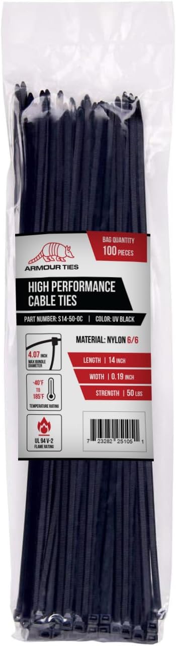 14-inch Black Zip Ties Heavy Duty UV Resistant Nylon Cable Ties, 50lb Tensile Strength, 1000-Pack - Durable Wire Ties, Heavy Duty Tie Straps Indoor and Outdoor Cable Management Solution by ARMOUR TIES