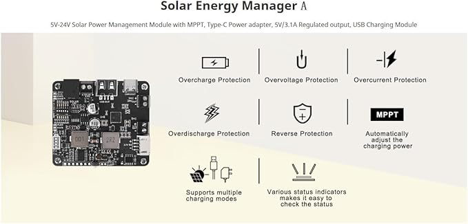 5V-24V Solar Power Management Module with MPPT, Type-C Power Adapter, 5V/3.1A Regulated Output, USB C, Ideal for Solar Charging, IoT & Eco-Friendly Projects (Not with 18650)