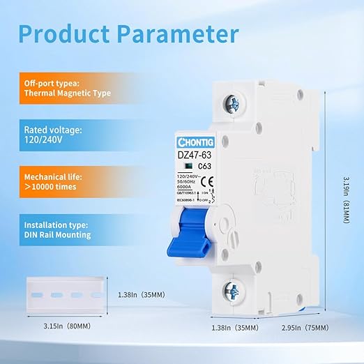 MCB C63 63A Miniature 1 Pole Circuit Breaker 2 Pack with DIN Rail Mount, 120V/240V AC Protection for Solar Panels, RV Power Center, Home Electrical Systems