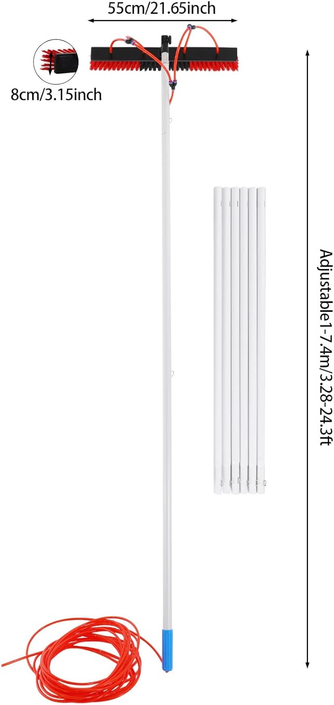 24FT Reach Solar Panel Cleaning Brush Kit, Adjustable Pole Window Cleaning Brush with 180° Rotating Head, 65.6FT Hose Window Washer Tool for Roof, RV, Truck, Car (24ft 13.78x3.15in)