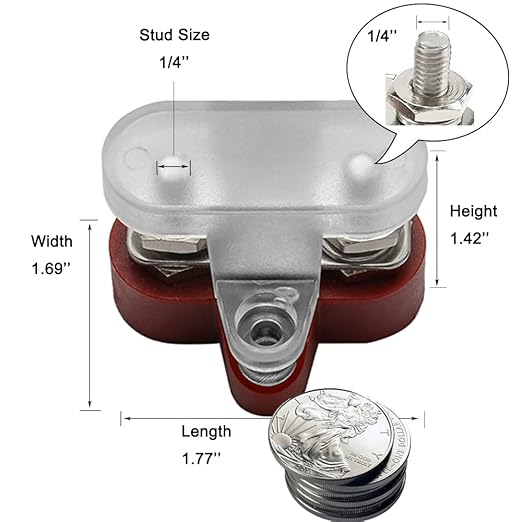 Heart Horse Bus Bar Terminal Block 1/4'' Power Stud Battery Junction Post Distribution Block Insulated with Cover DC 48V 250A for Auto Truck RV Boat (1/4'',Red+Black)