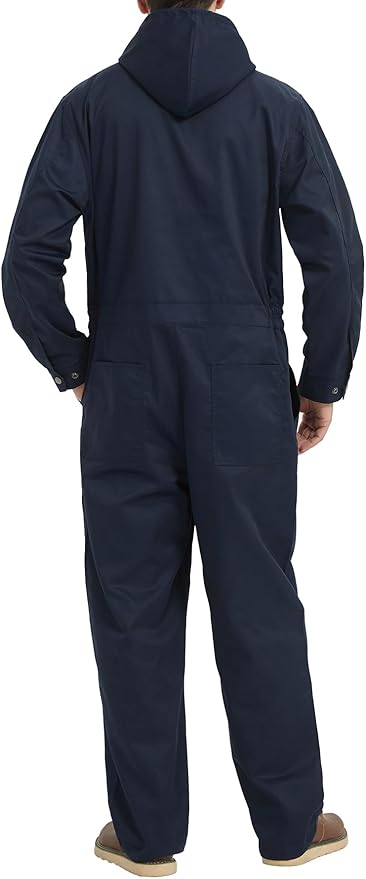 Mens Cotton Blend Long Sleeve Coverall Multi Pockets Zip Overall Mechanic Work Jumpsuit with Hood